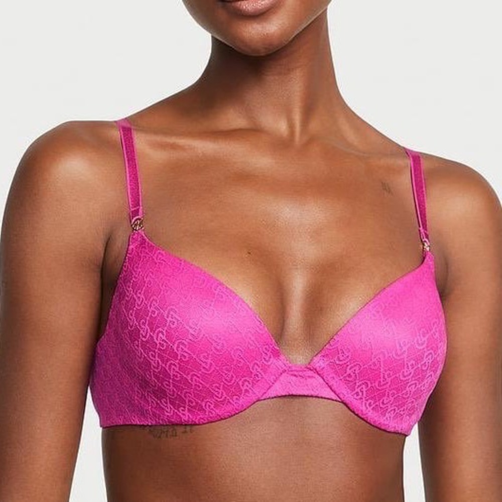 Victoria's Secret The Icon Push-Up Demi Bra 34D Fuchsia Frenzy Logo Lace NWT